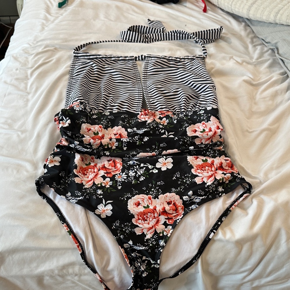 Eo Menie Black Floral & Striped One-Piece Swimsuit